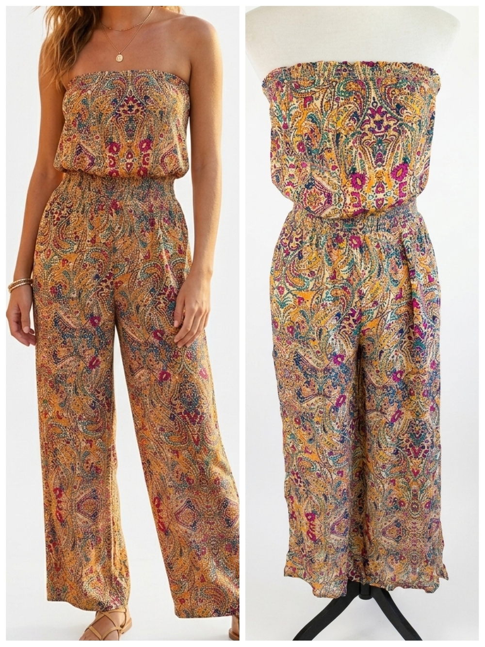 Boho Paisley Strapless Jumpsuit Wide Leg Smocked Waist Women's Size Medium